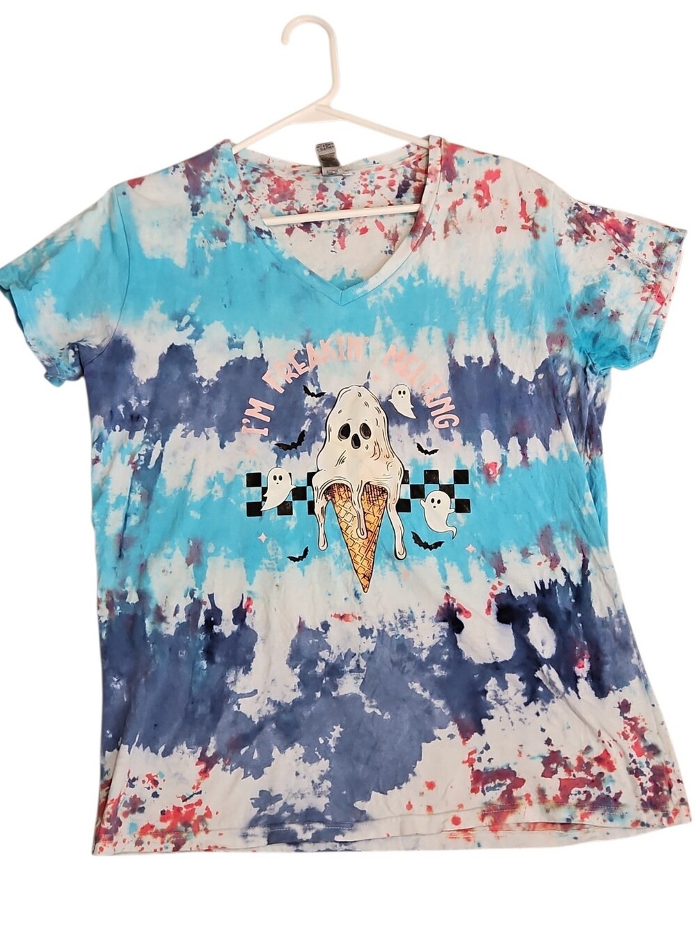 Gildan Tie-Dye Ghost Ice Cream Drip Tee - Blue Pink White Size Xlarge Women